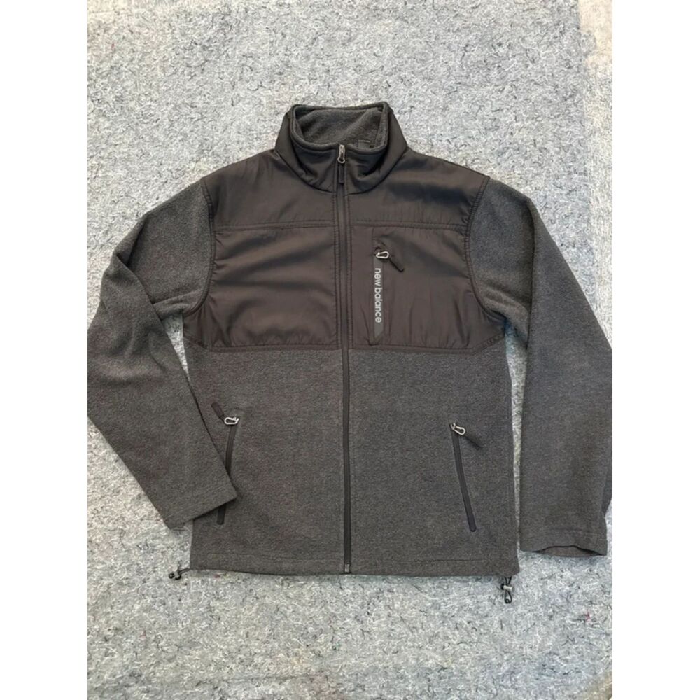 New Balance Men’s Gray Fleece Full-Zip Jacket – Black Chest Panel – Size Small